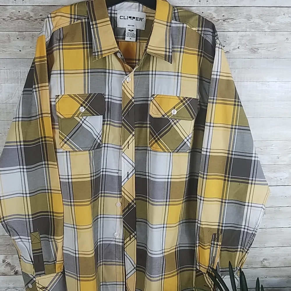Clipper New York, Yellow/Taupe Plaid shirt, Sz XL - Picture 1 of 5